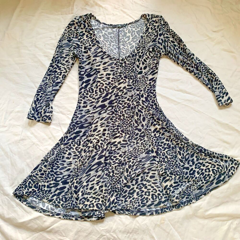 VTG Papaya Leopard Print Midi Dress Sz S Long Sleeve Animal Prints Stretchy Y2K